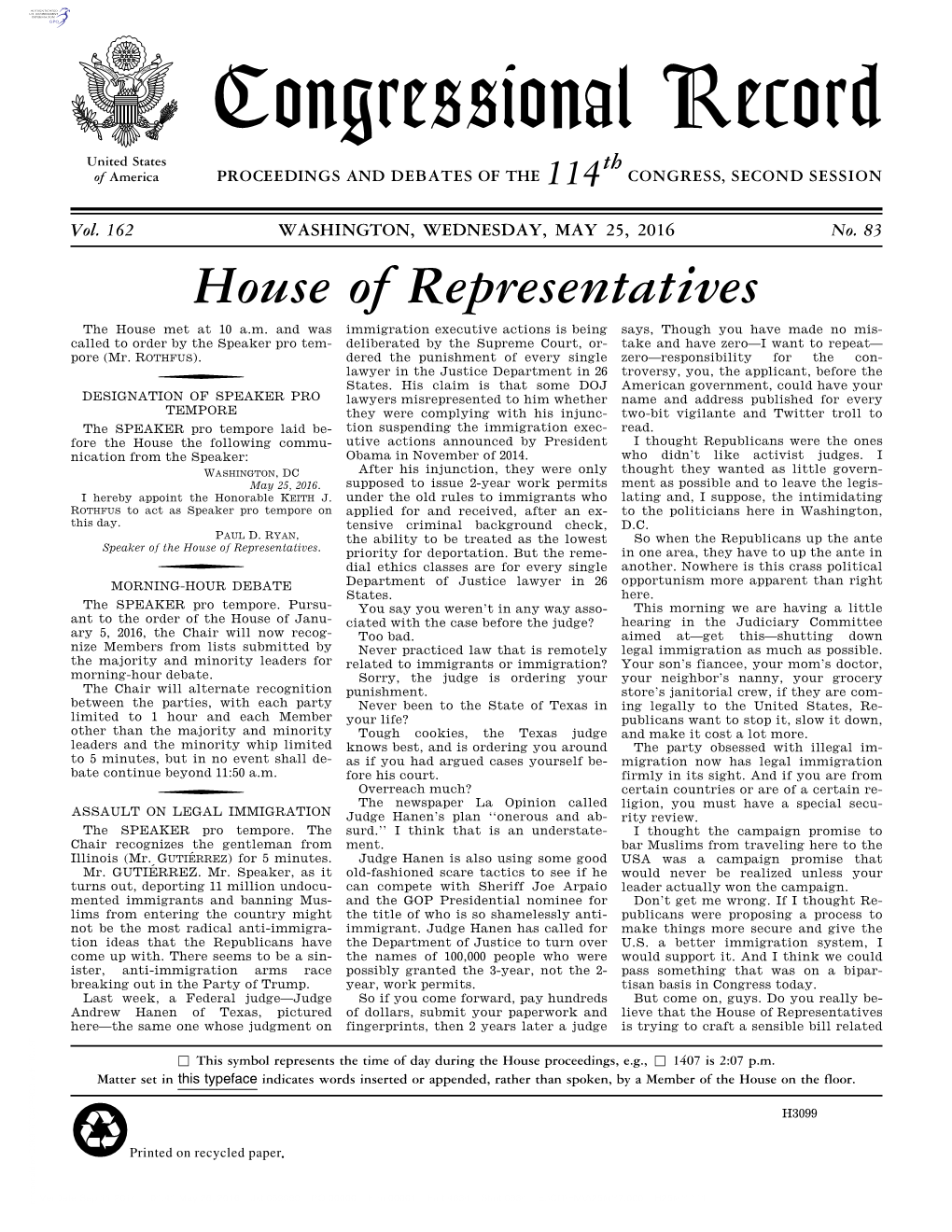 Congressional Record United States Th of America PROCEEDINGS and DEBATES of the 114 CONGRESS, SECOND SESSION