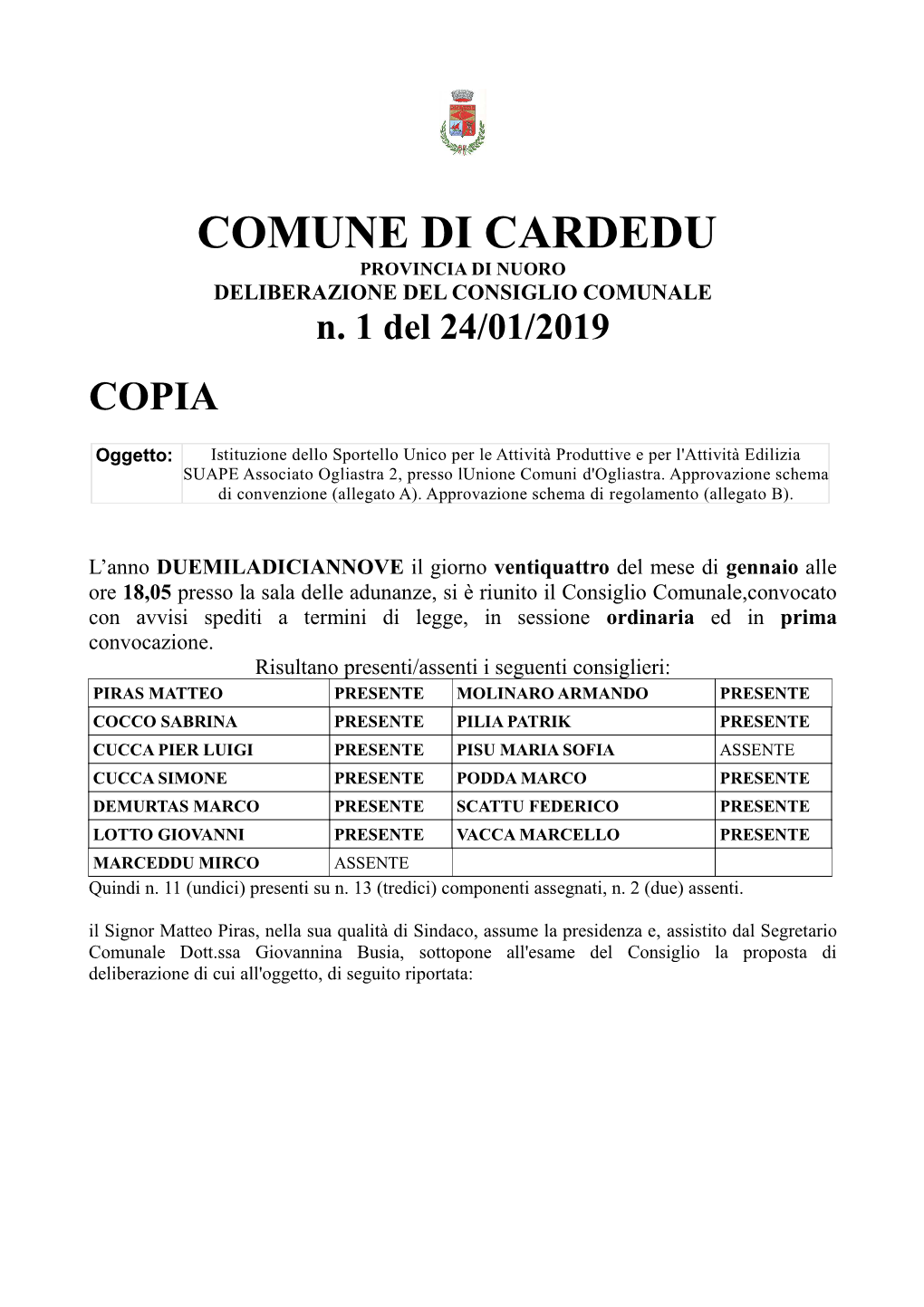 N.001-2019 Istituz SUAPE Presso Unione Comuni D'ogliastra