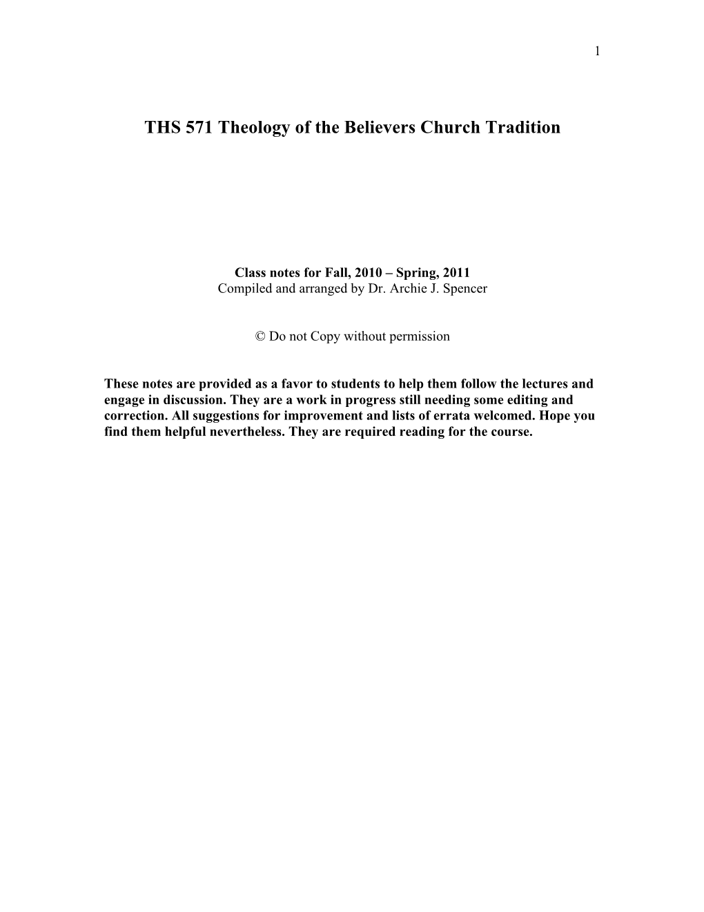 THS 571 Theology of the Believers Church Tradition