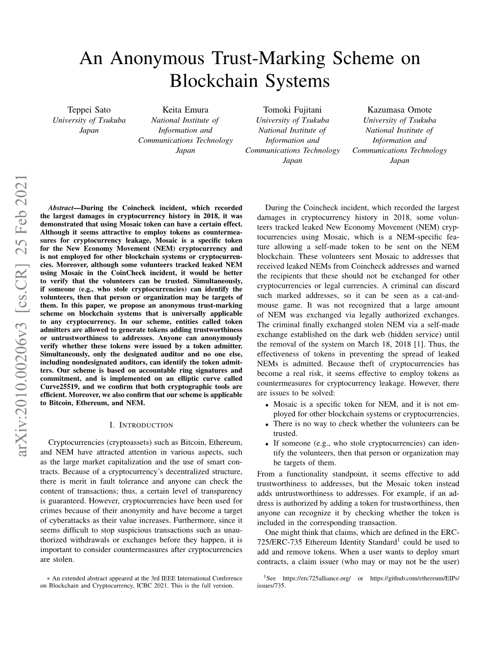 An Anonymous Trust-Marking Scheme on Blockchain Systems
