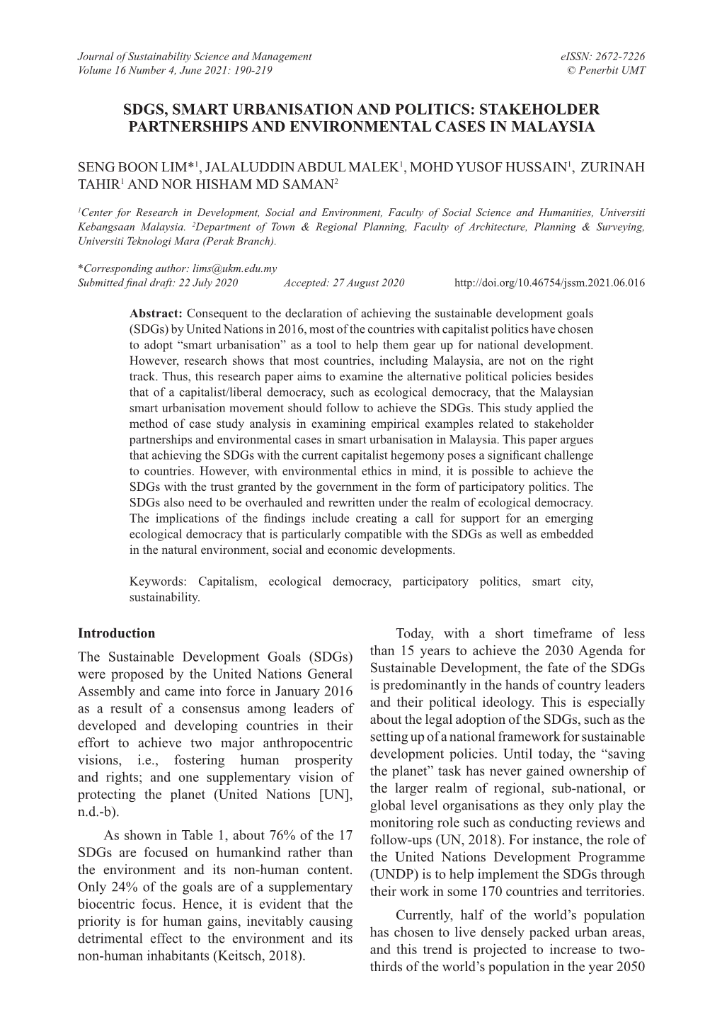 Sdgs, Smart Urbanisation and Politics: Stakeholder Partnerships and Environmental Cases in Malaysia