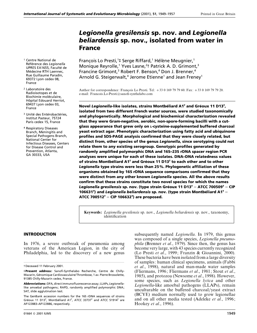 Legionella Gresilensis Sp. Nov. and Legionella Beliardensis Sp. Nov., Isolated from Water in France