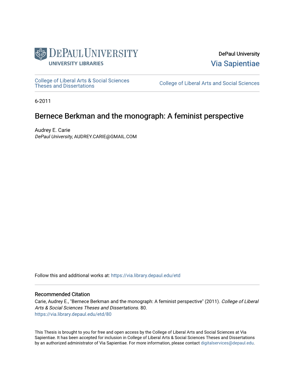 Bernece Berkman and the Monograph: a Feminist Perspective