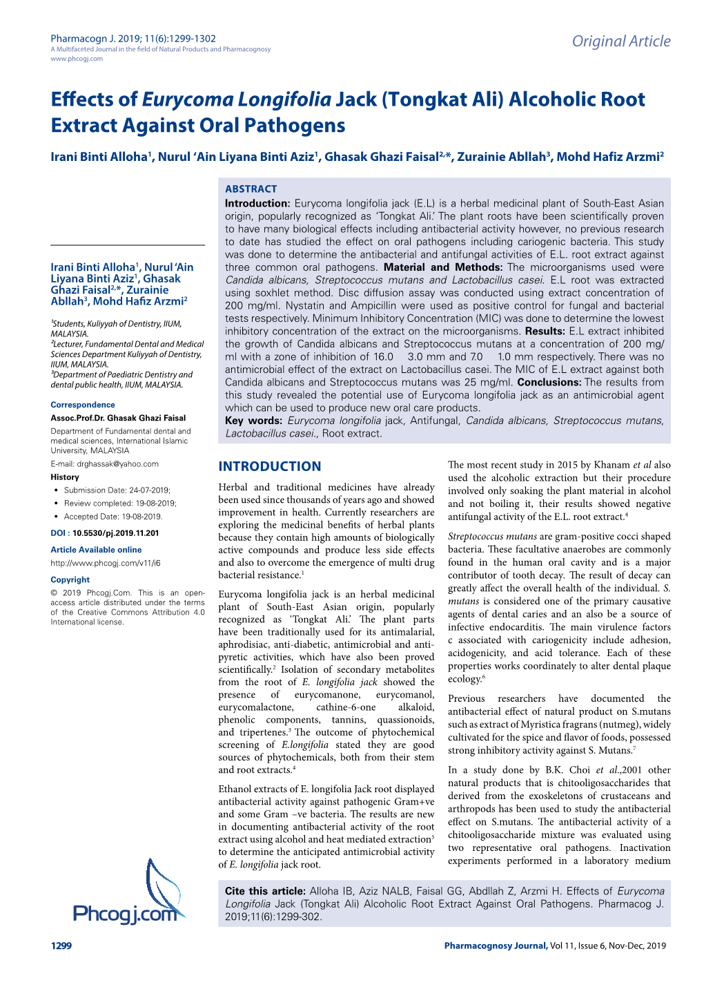 Effects of Eurycoma Longifolia Jack (Tongkat Ali) Alcoholic Root Extract Against Oral Pathogens