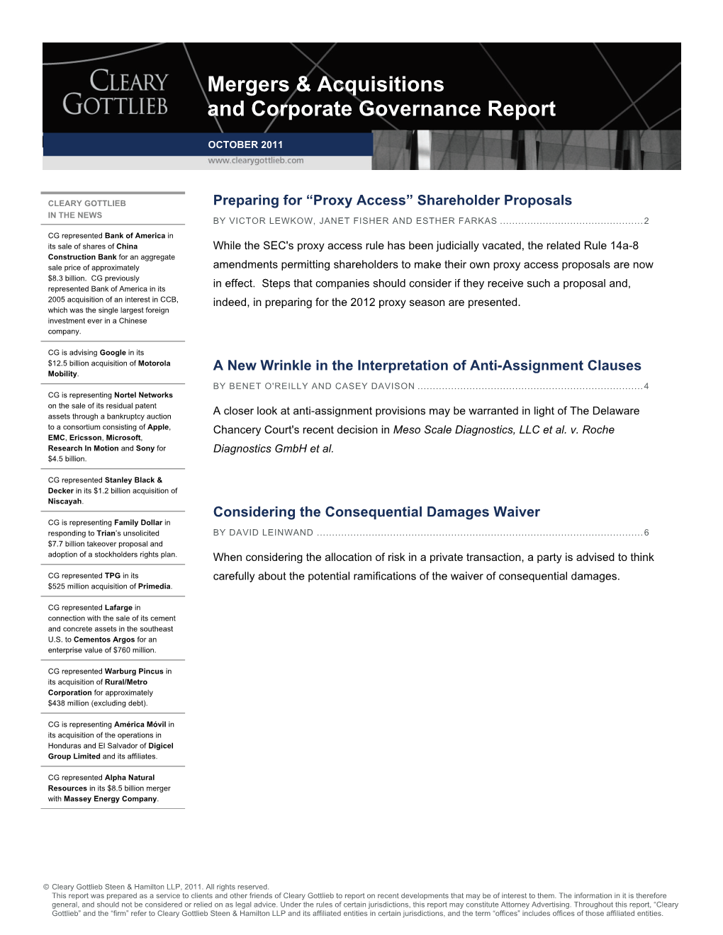 Mergers & Acquisitions and Corporate Governance Report