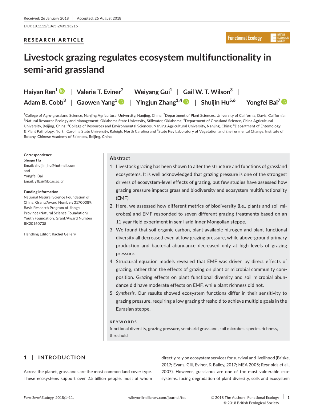 Livestock Grazing Regulates Ecosystem Multifunctionality in Semi‐Arid Grassland