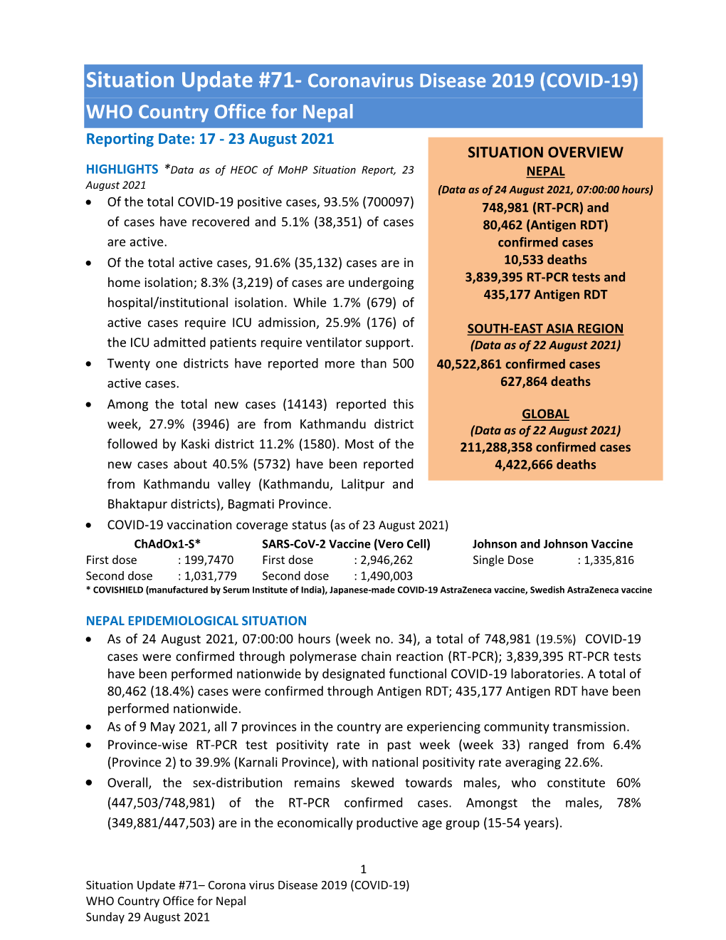 Situation Update #71- Coronavirus Disease 2019 (COVID-19)