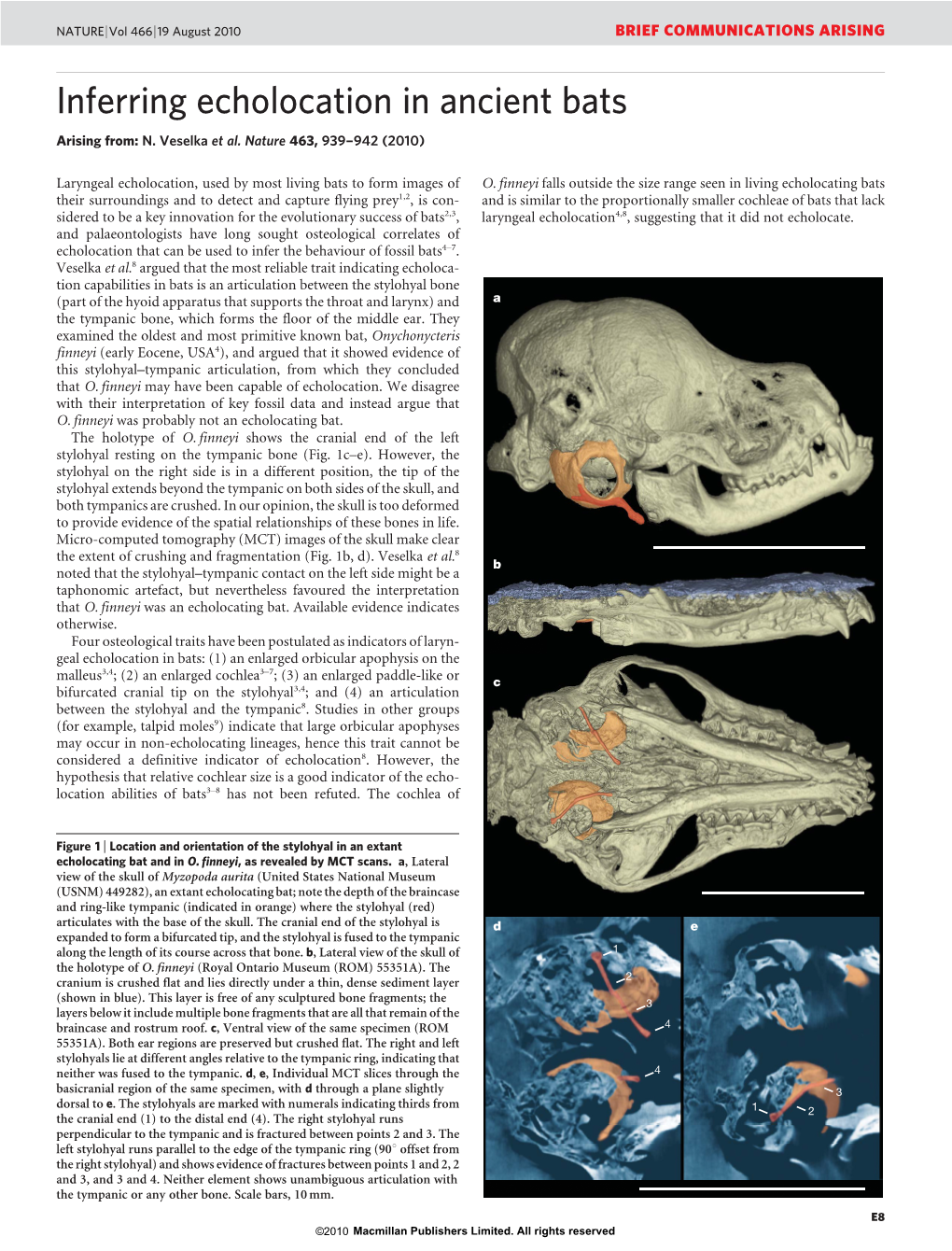 Inferring Echolocation in Ancient Bats Arising From: N