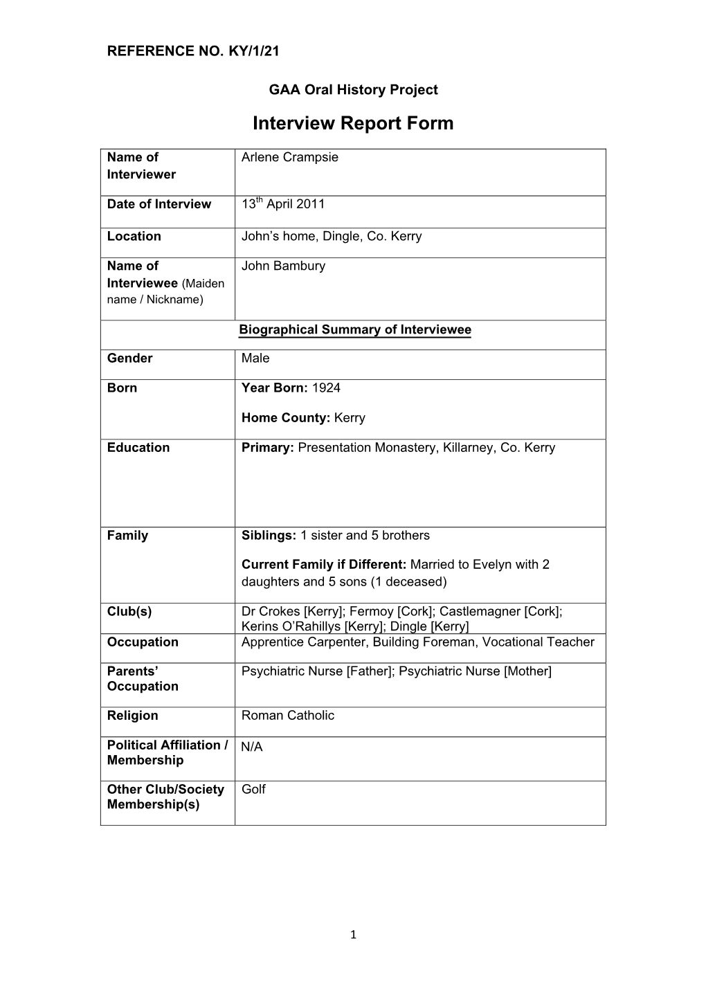 GAA Oral History Project Interview Report Form