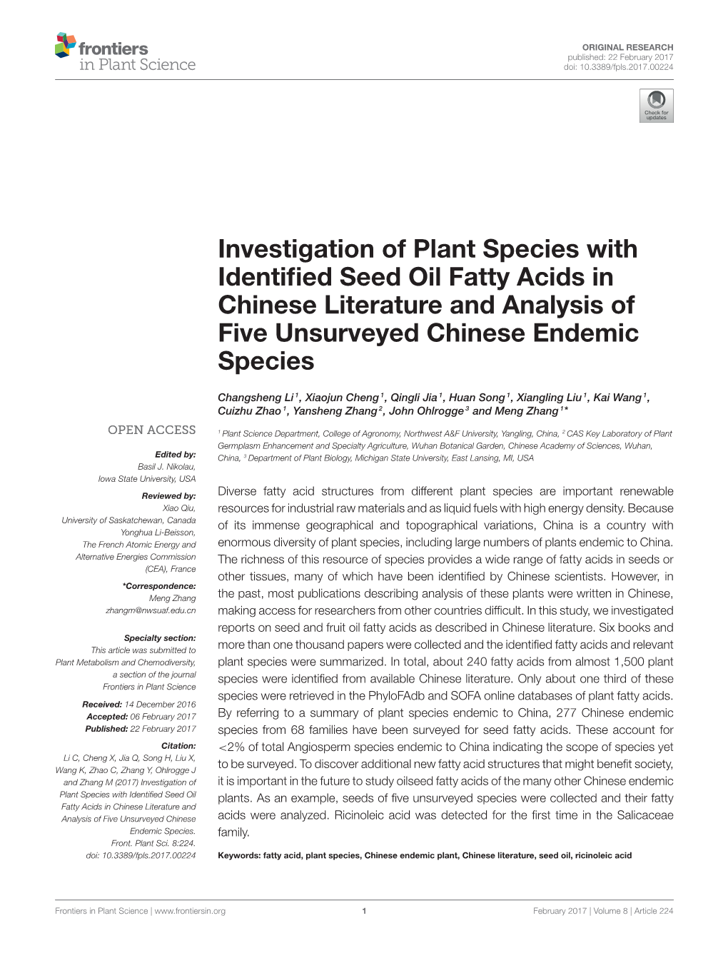 Investigation of Plant Species with Identified Seed Oil Fatty Acids In