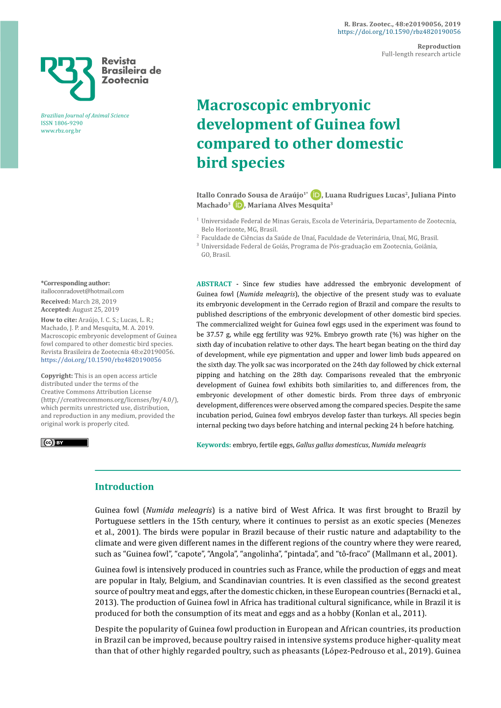 Macroscopic Embryonic Development of Guinea Fowl Compared to Other Domestic Bird Species 2 Araújo Et Al