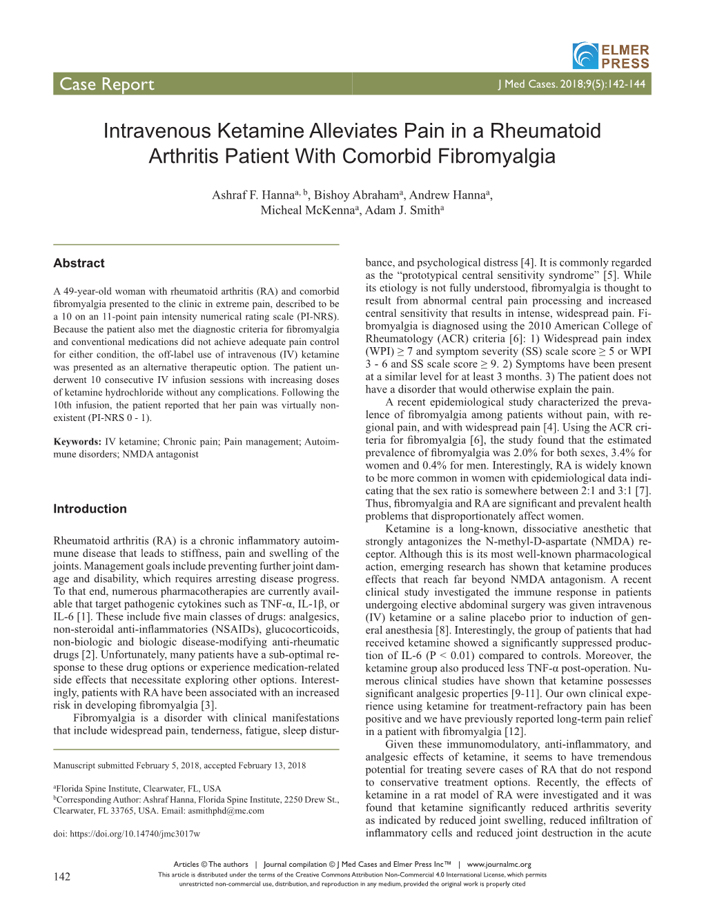 Intravenous Ketamine Alleviates Pain in a Rheumatoid Arthritis Patient with Comorbid Fibromyalgia