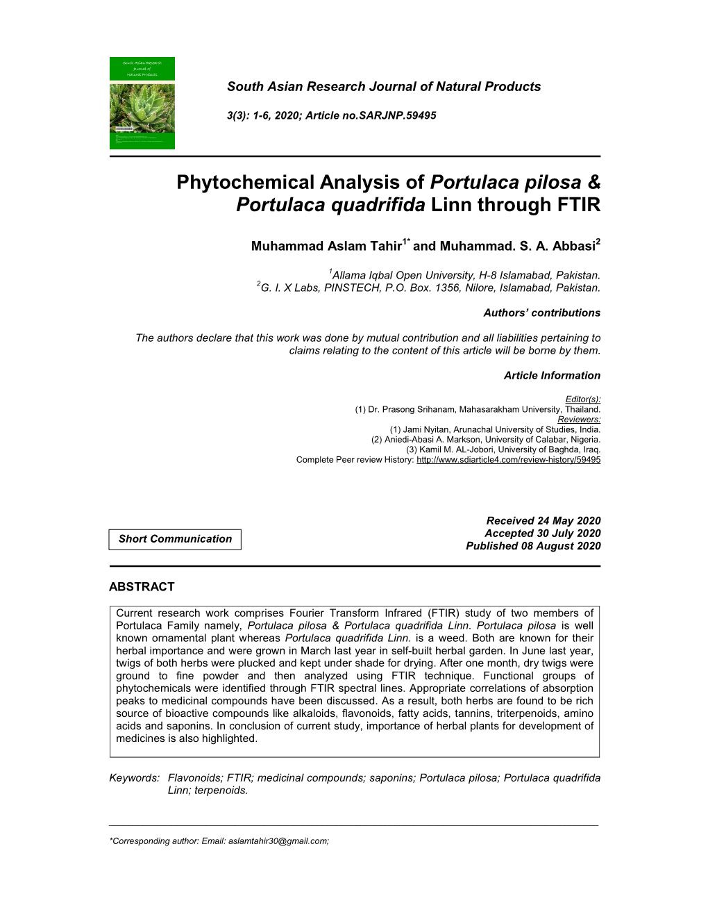 Phytochemical Analysis of Portulaca Pilosa & Portulaca Quadrifida Linn