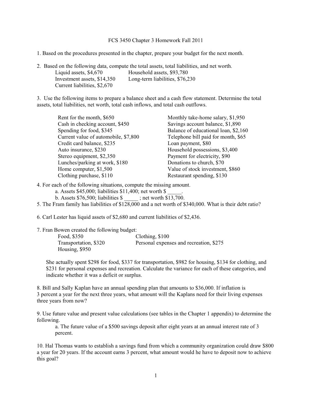 FCS 3450 Chapter 3 Homework Fall 2011