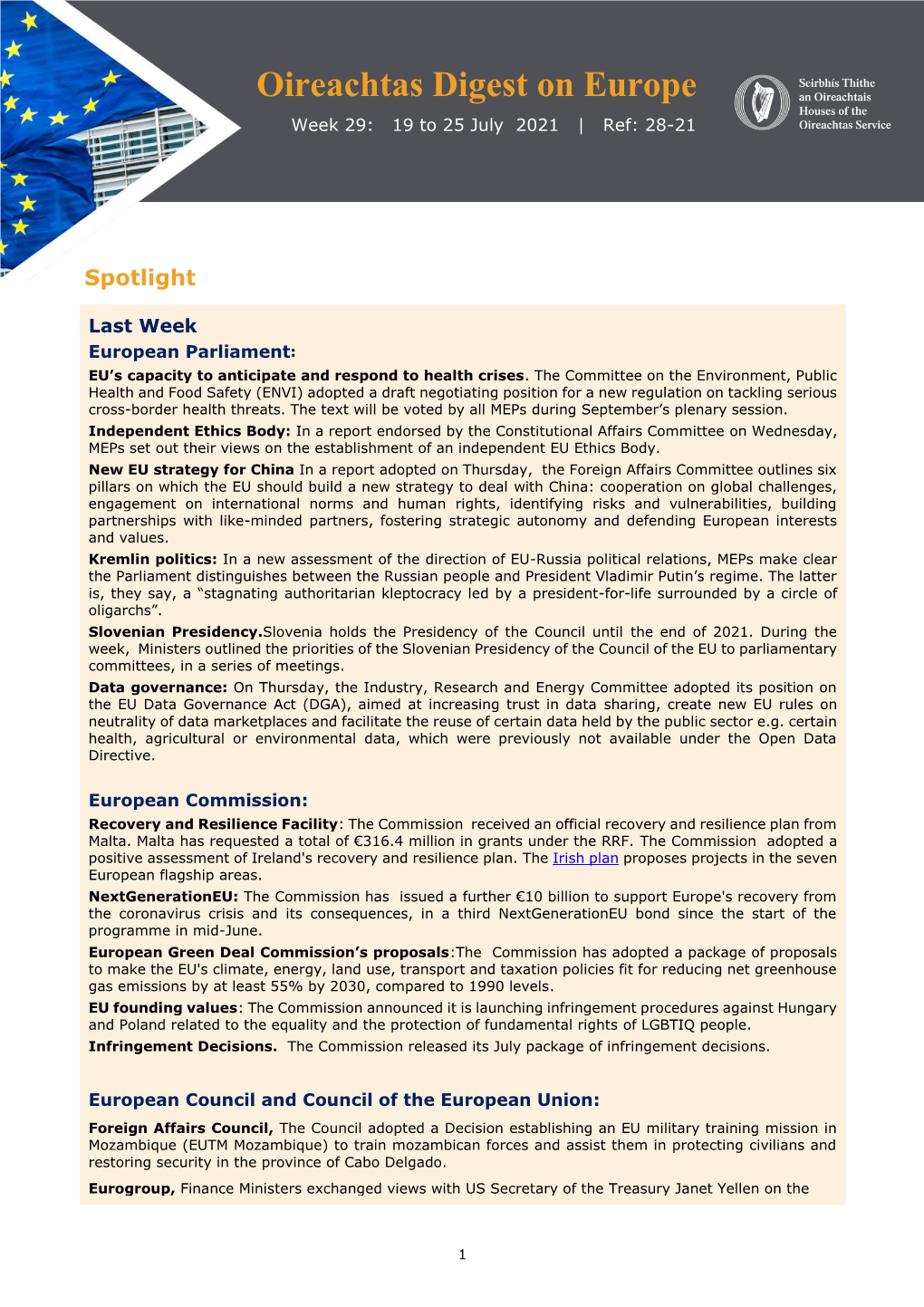 Oireachtas Digest on Europe Week 29: 19 to 25 July 2021 | Ref: 28-21