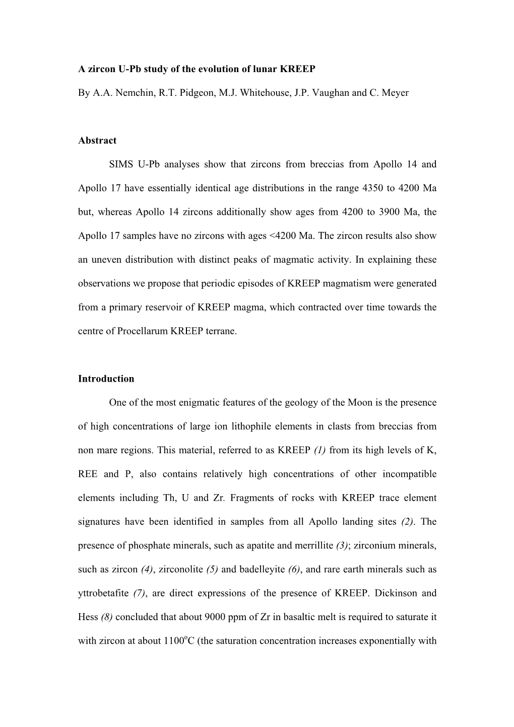 A Zircon U-Pb Study of the Evolution of Lunar KREEP