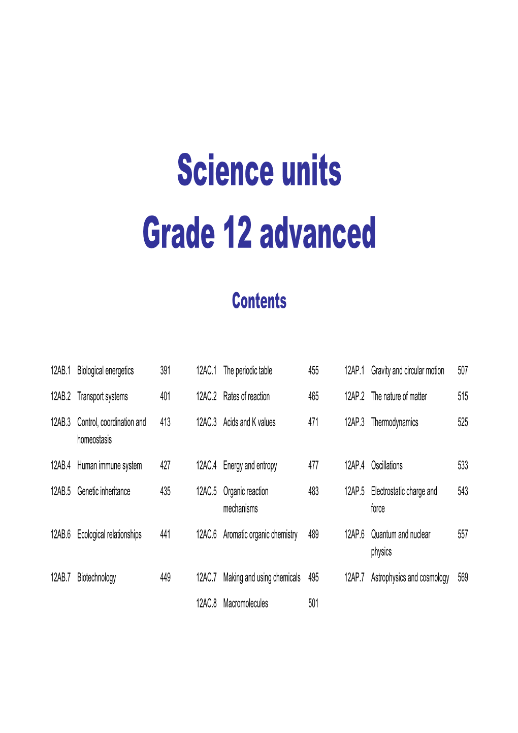 Science Units Grade 12 Advanced
