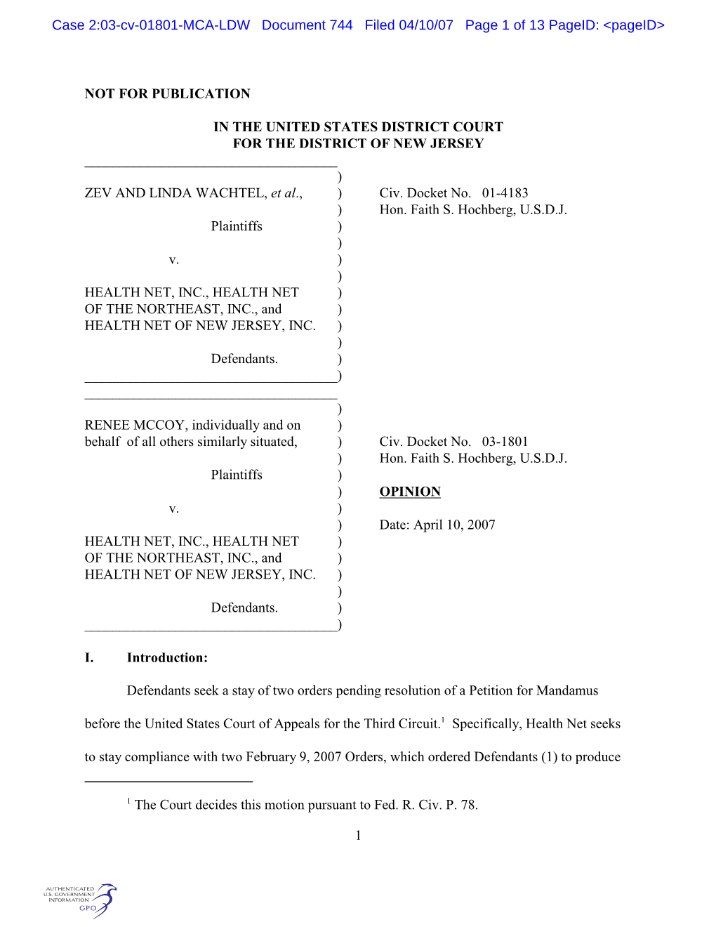 Case 2:03-Cv-01801-MCA-LDW Document 744 Filed 04/10/07 Page 1 of 13 Pageid