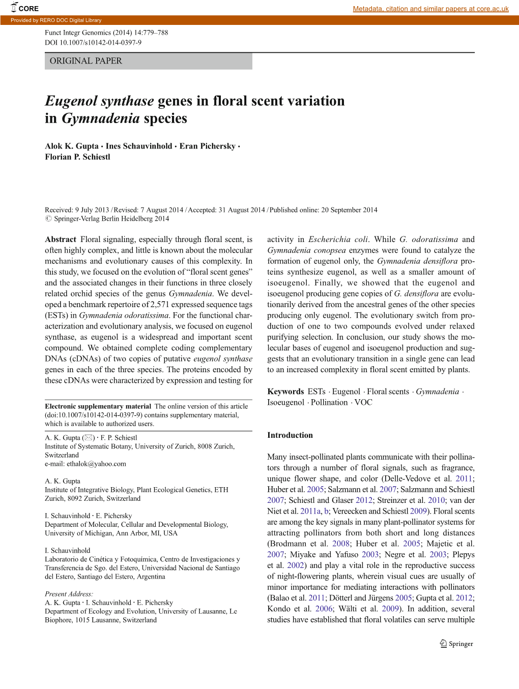 Eugenol Synthase Genes in Floral Scent Variation in Gymnadenia Species