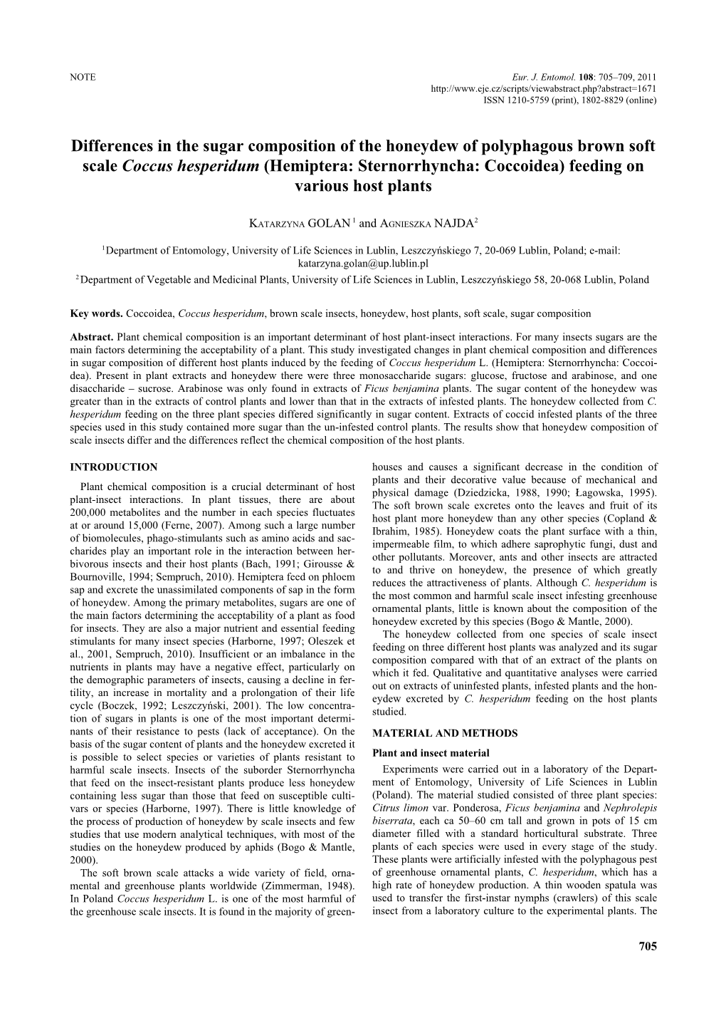 Differences in the Sugar Composition of the Honeydew of Polyphagous