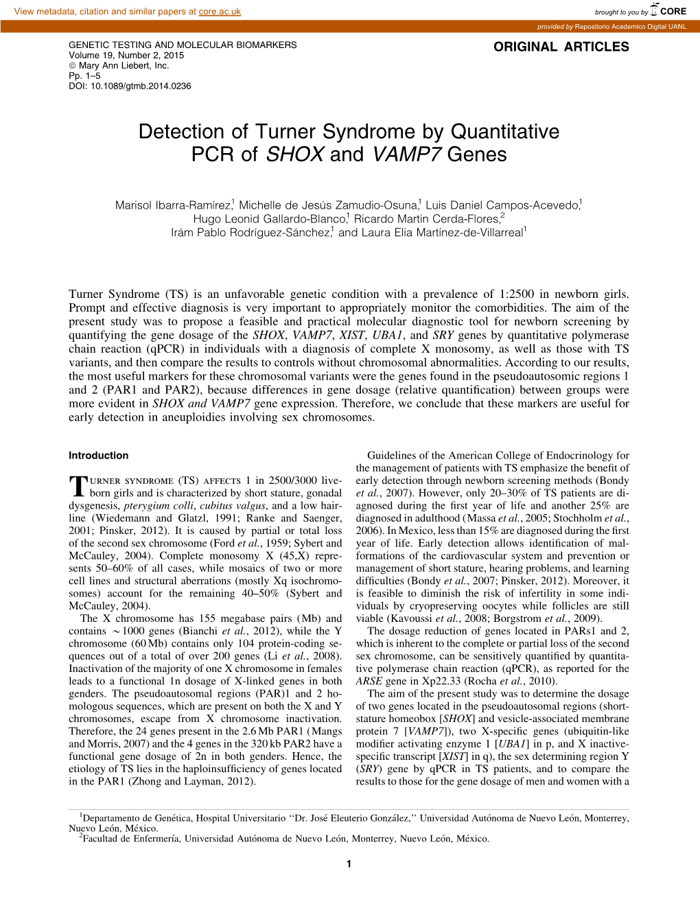 Detection of Turner Syndrome by Quantitative PCR of SHOX and VAMP7 Genes