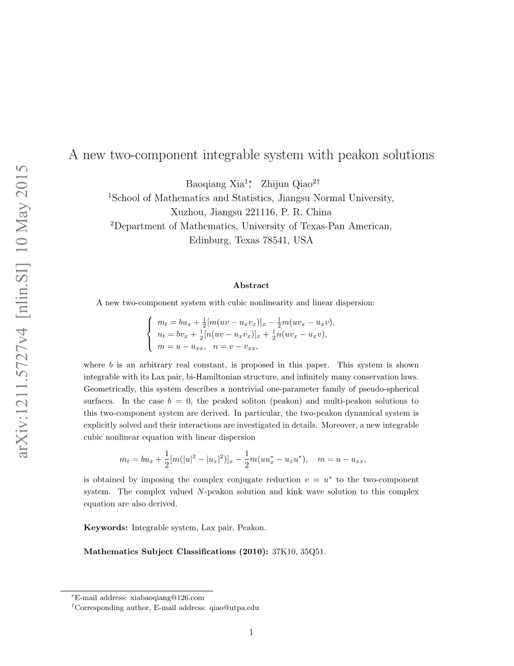 A New Two-Component Integrable System with Peakon Solutions