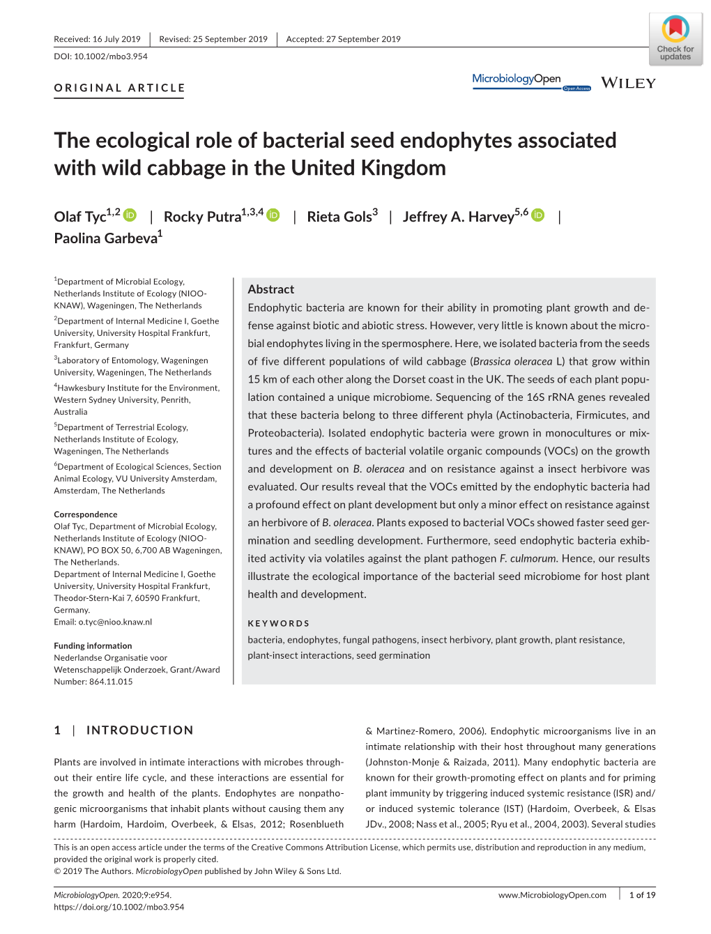 The Ecological Role of Bacterial Seed Endophytes Associated with Wild Cabbage in the United Kingdom