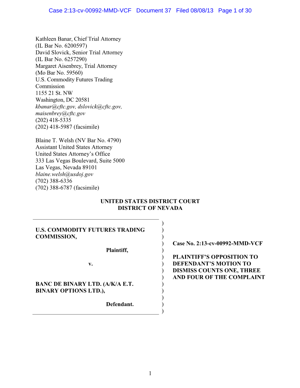 Opposition, CFTC V. Banc De Binary