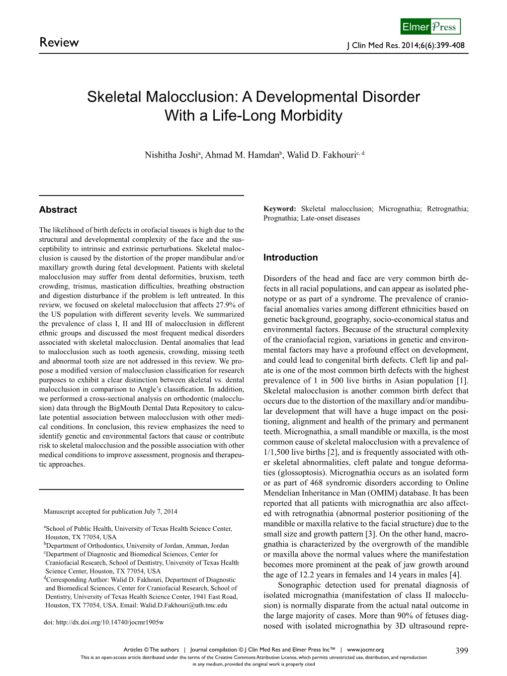 Skeletal Malocclusion: a Developmental Disorder with a Life-Long Morbidity