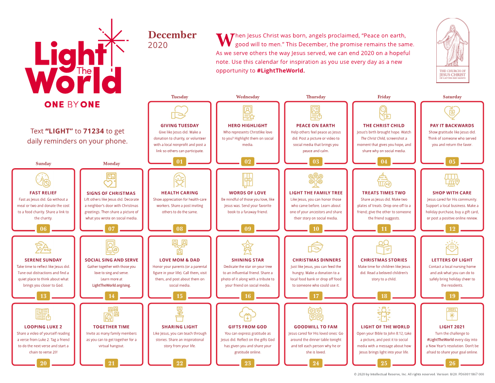 Light the World 2020 Prompt Calendar US Version