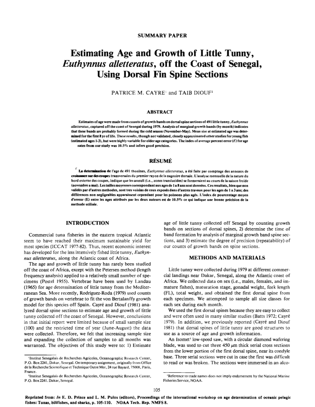 Estimating Age and Growth of Little Tunny, Euthynnus Alletteratus, Off the Coast of Senegal, Using Dorsal Fin Spine Sections