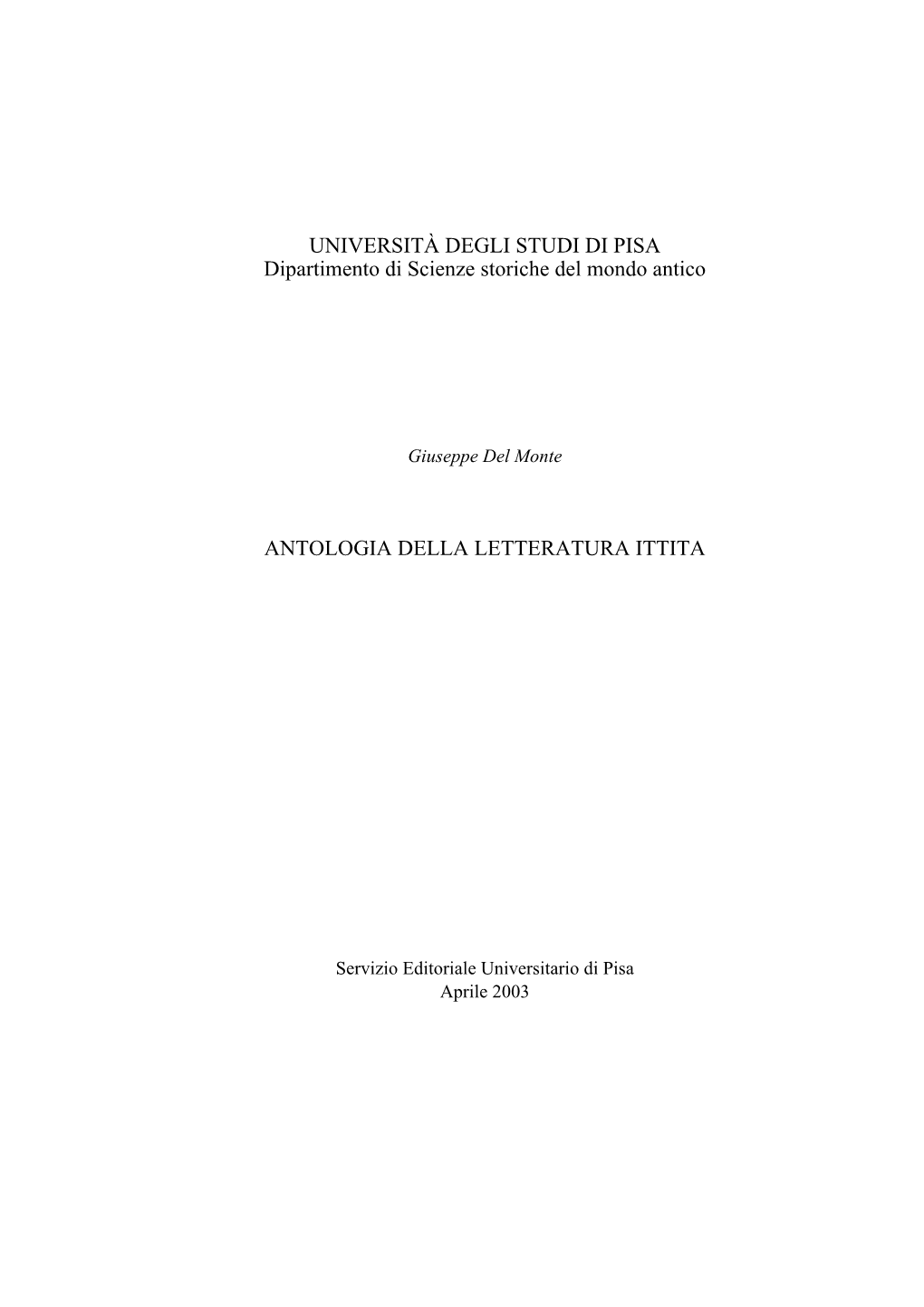 Antologia Della Letteratura Ittita