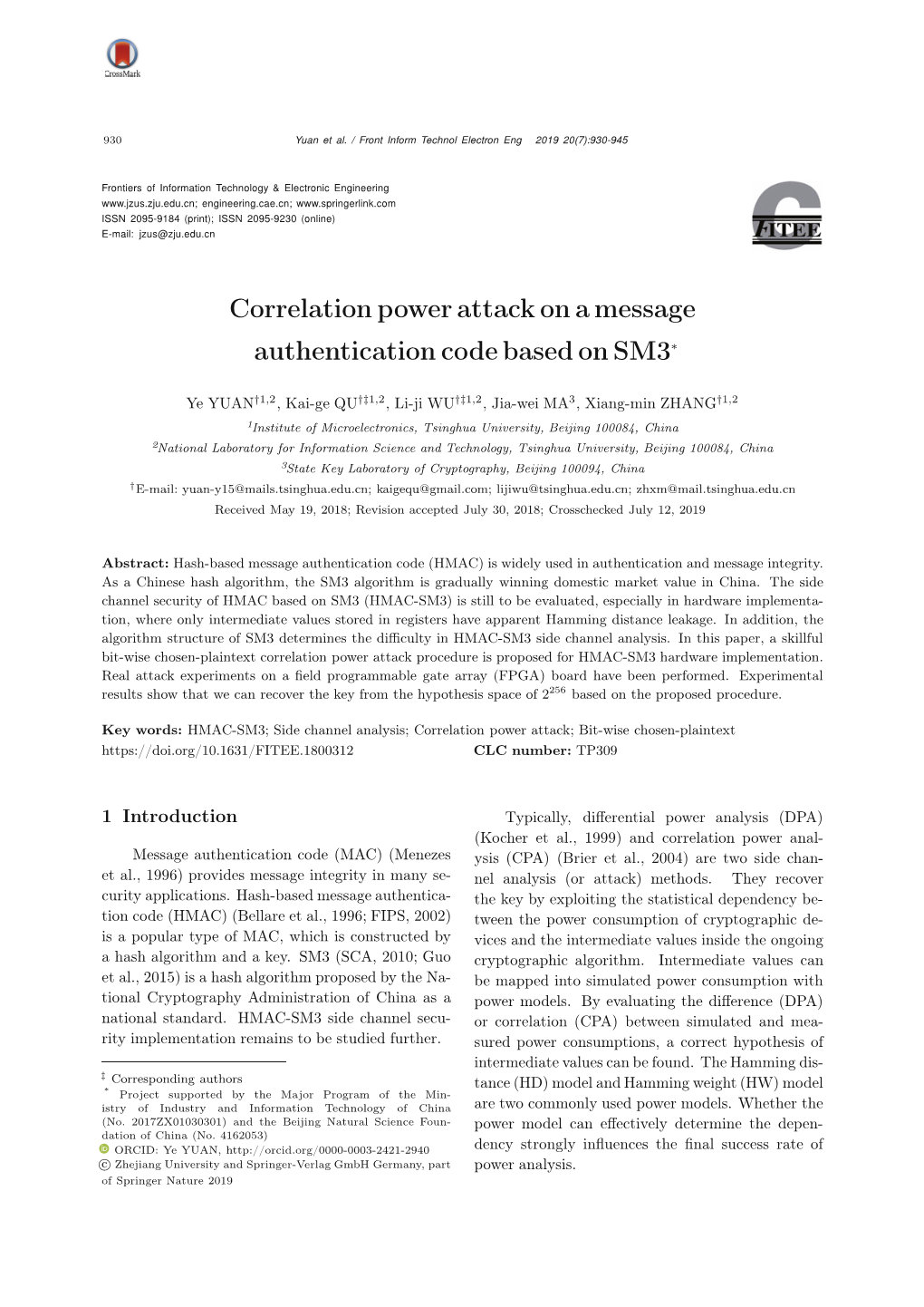 Correlation Power Attack on a Message Authentication Code Based on SM3∗