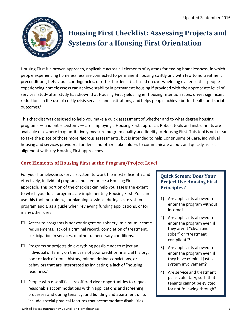 Housing First Checklist: Assessing Projects and Systems for a Housing First Orientation