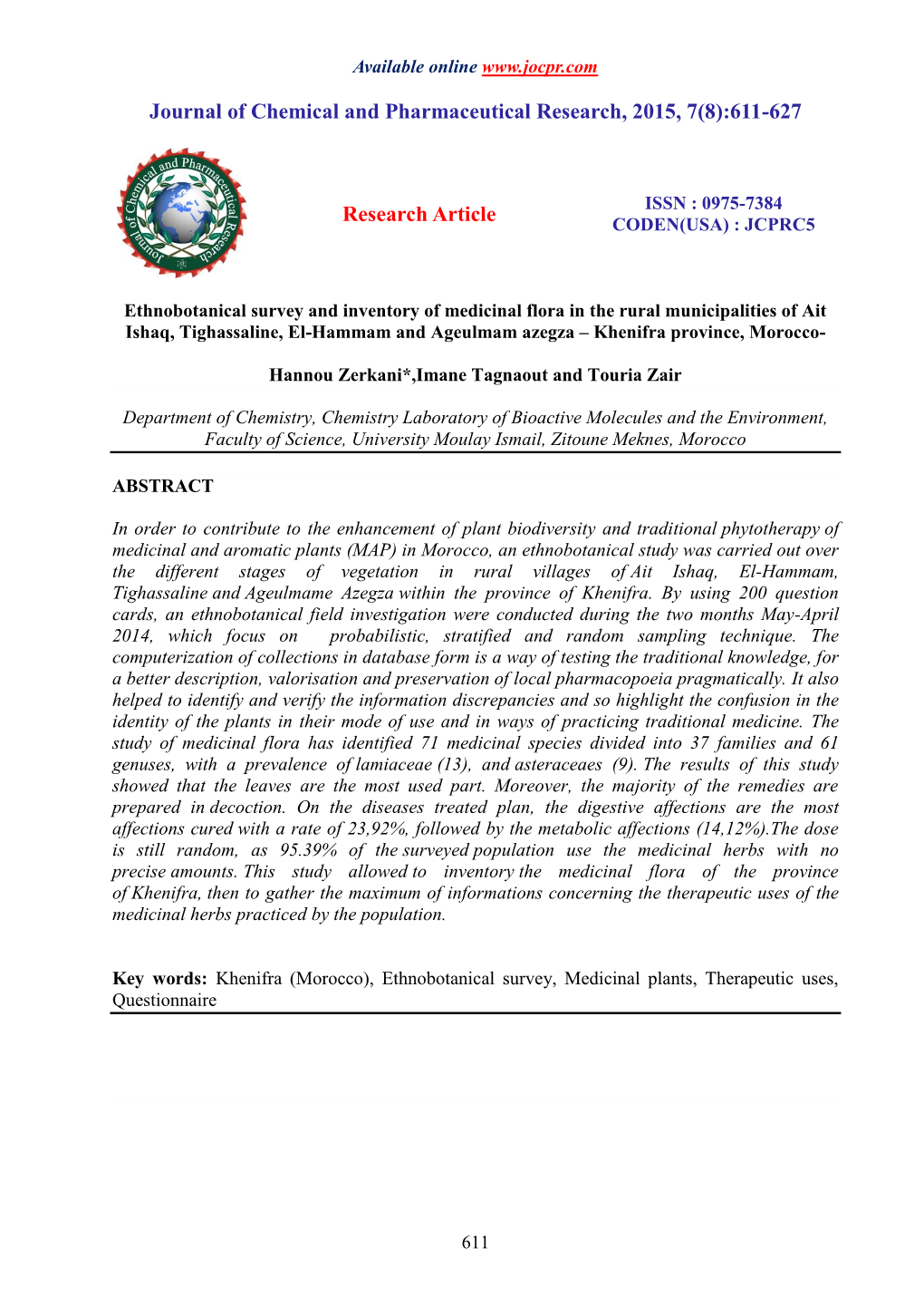 Ethnobotanical Survey and Inventory of Medicinal Flora in the Rural Municipalities of Ait Ishaq, Tighassaline, El