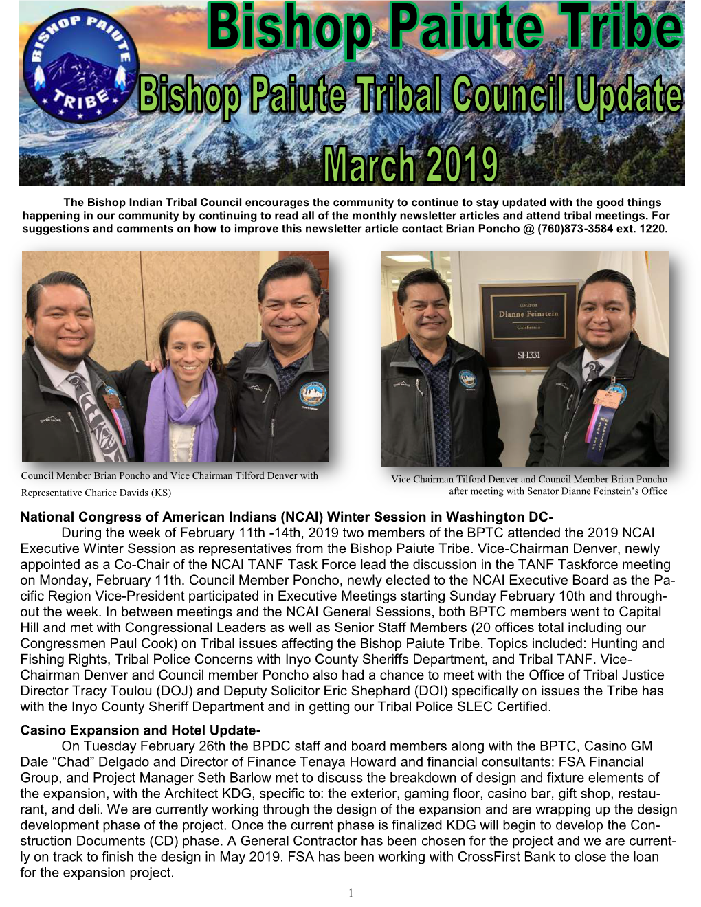 National Congress of American Indians (NCAI) Winter Session in Washington DC- During the Week of February 11Th -14Th, 2019 Two M