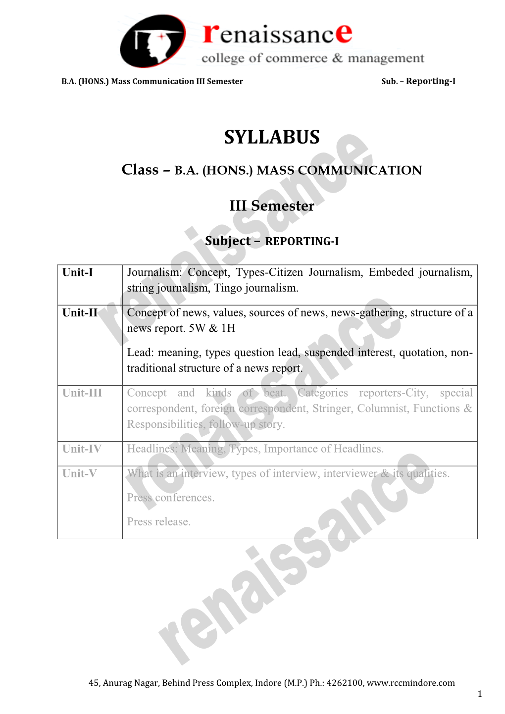 Class – BA (HONS.) MASS COMMUNICATION III Semester