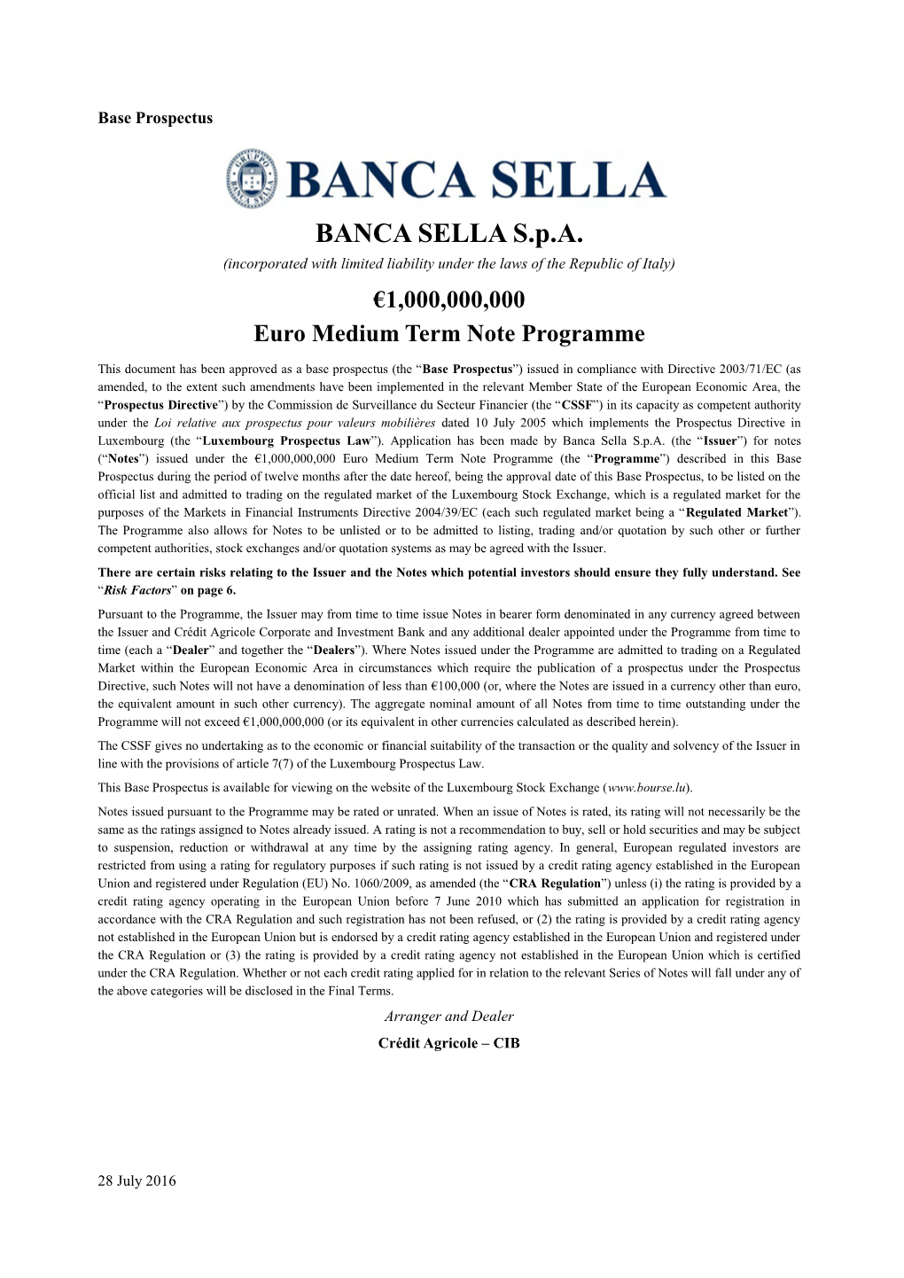 BANCA SELLA S.P.A. (Incorporated with Limited Liability Under the Laws of the Republic of Italy) €1,000,000,000 Euro Medium Term Note Programme