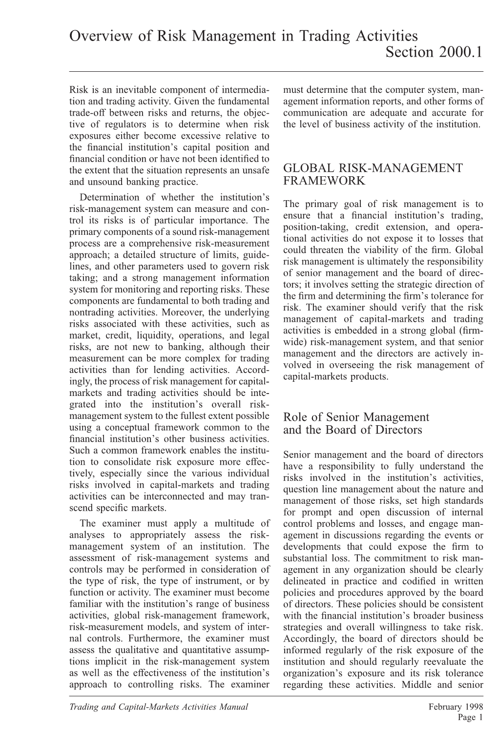 Overview of Risk Management in Trading Activities Section 2000.1