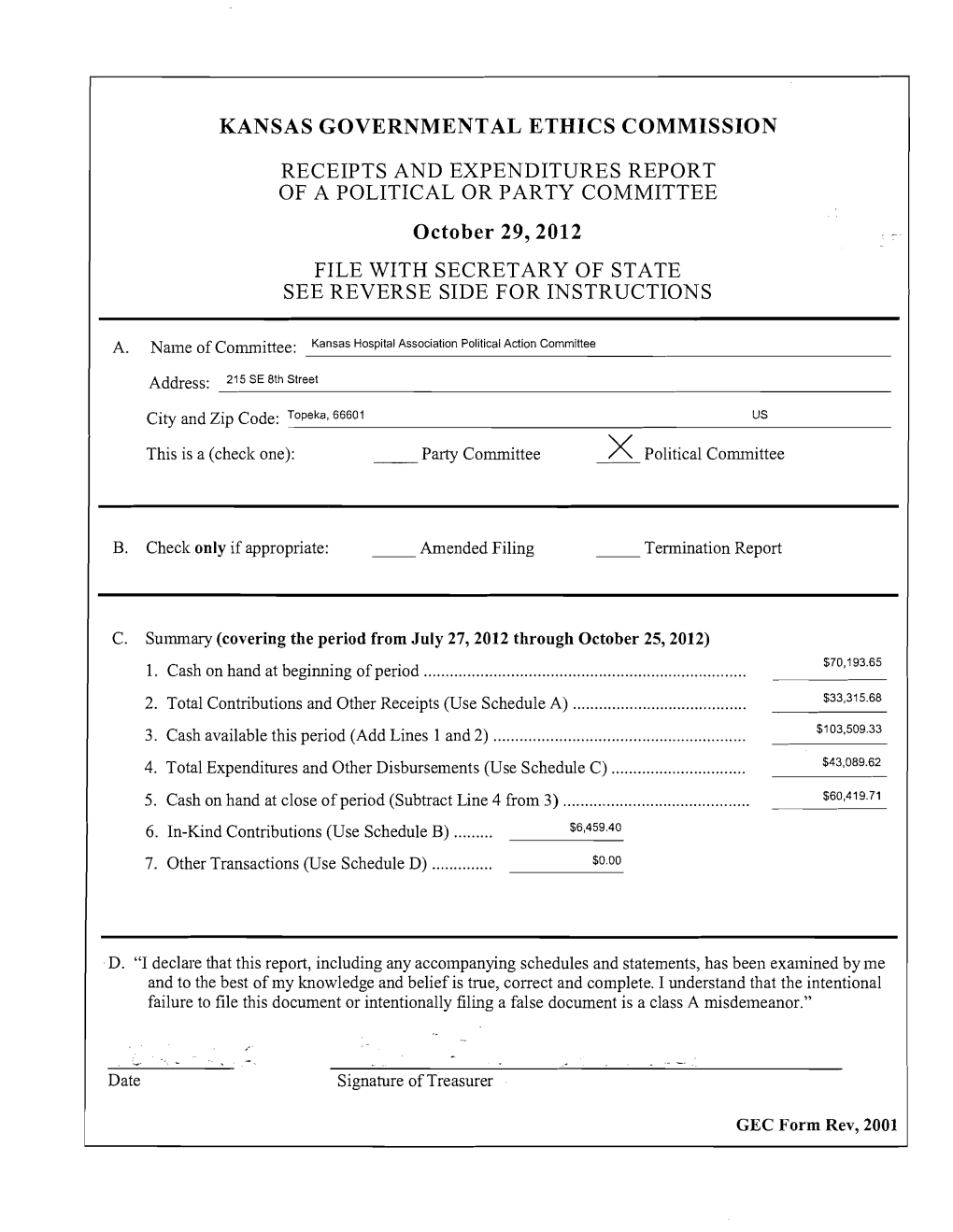 Kansas Governmental Ethics Commission Receipts