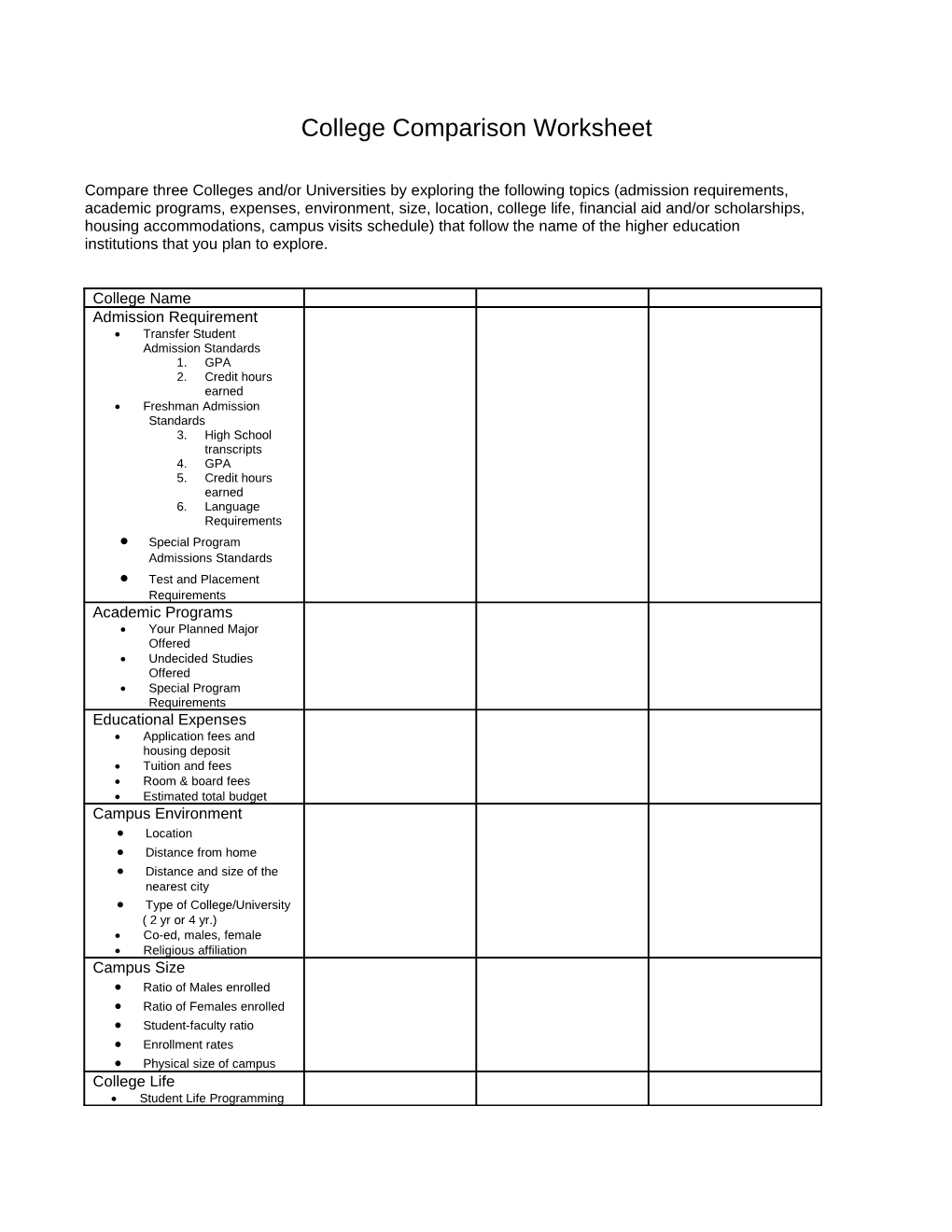 College Comparison Worksheet