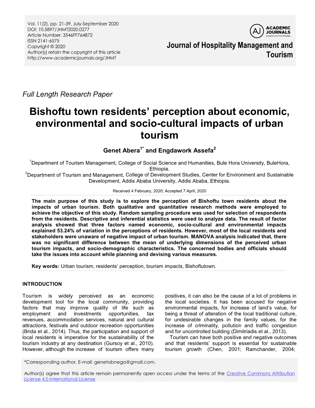 Bishoftu Town Residents' Perception About Economic, Environmental And