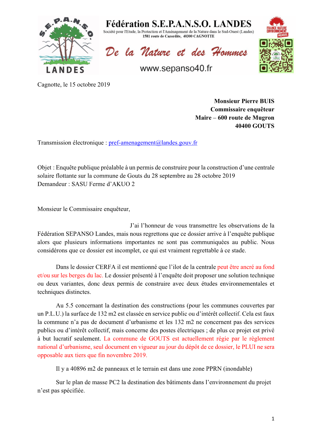 Cagnotte, Le 15 Octobre 2019 Monsieur Pierre BUIS Commissaire