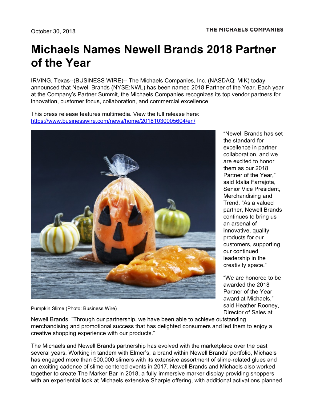 Michaels Names Newell Brands 2018 Partner of the Year