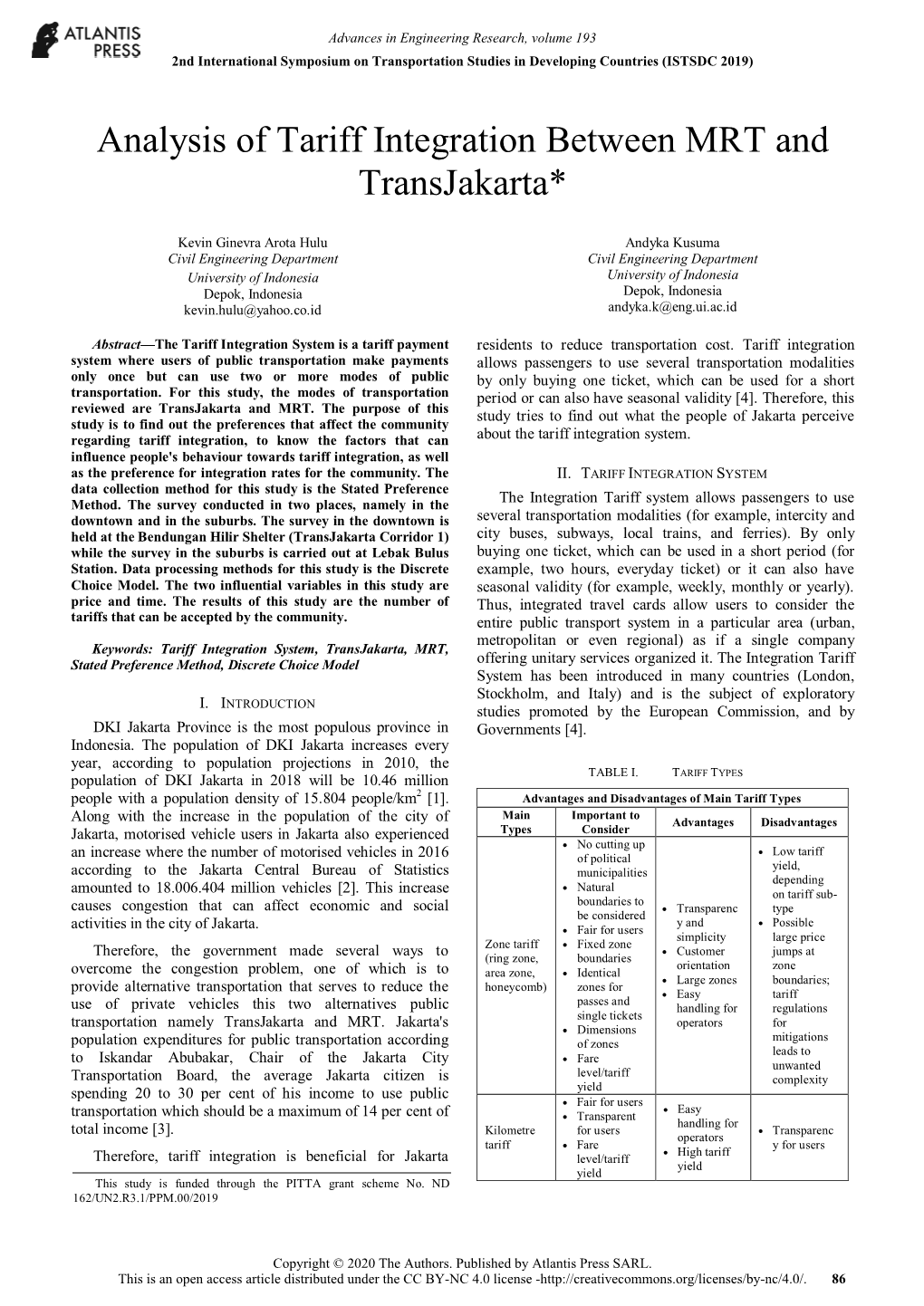 Analysis of Tariff Integration Between MRT and Transjakarta*