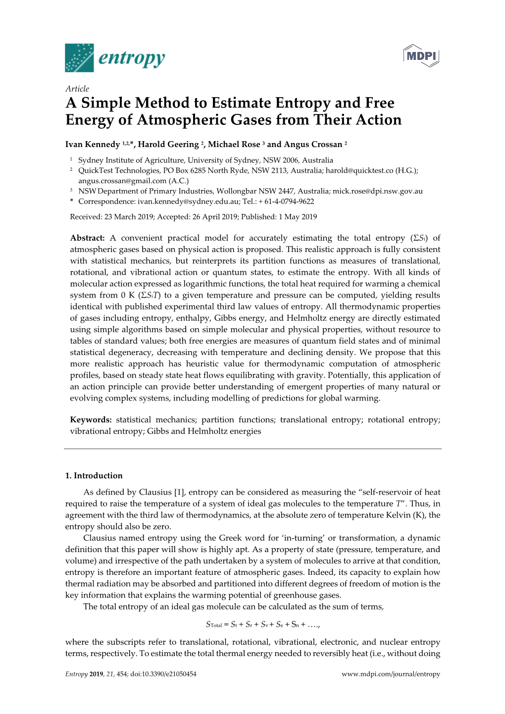 A Simple Method to Estimate Entropy and Free Energy of Atmospheric Gases from Their Action