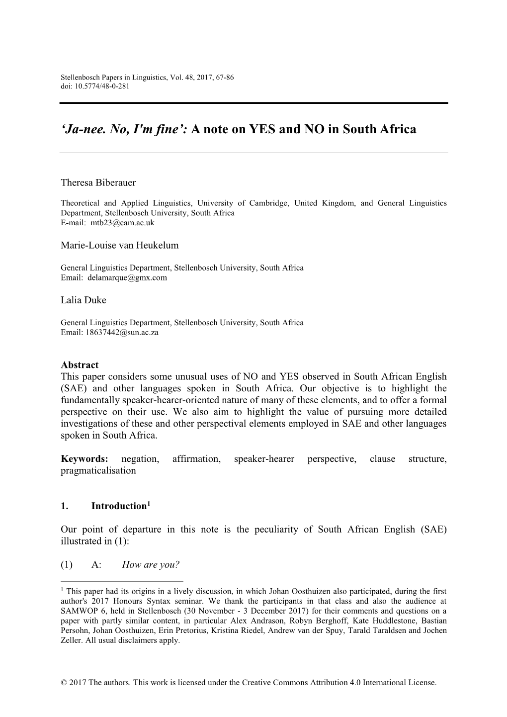 'Ja-Nee. No, I'm Fine': a Note on YES and NO in South Africa 69
