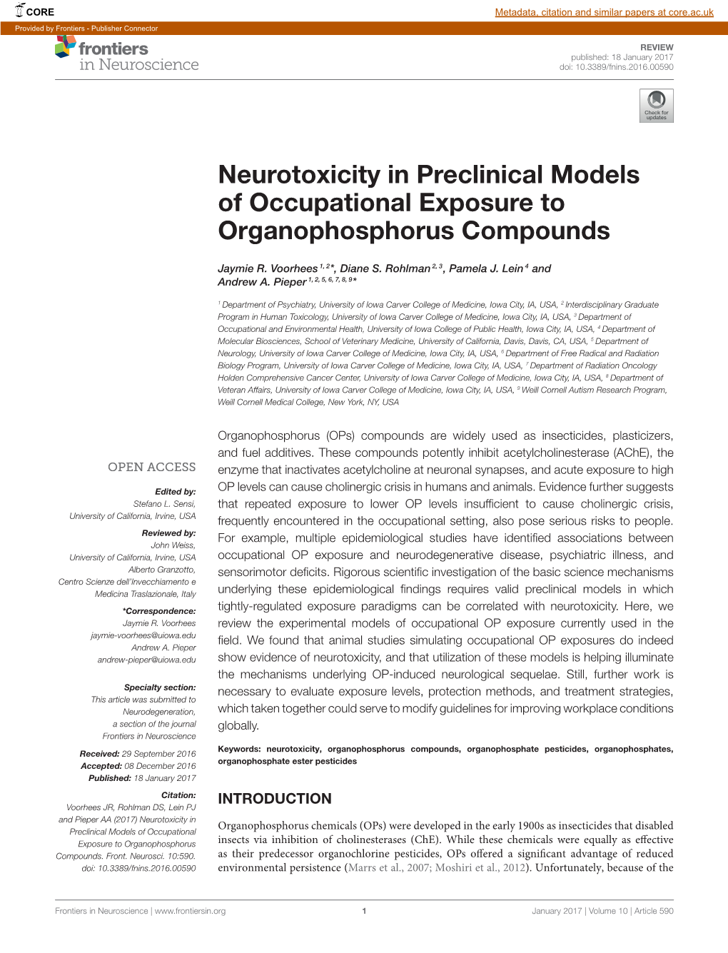 Neurotoxicity in Preclinical Models of Occupational Exposure to Organophosphorus Compounds