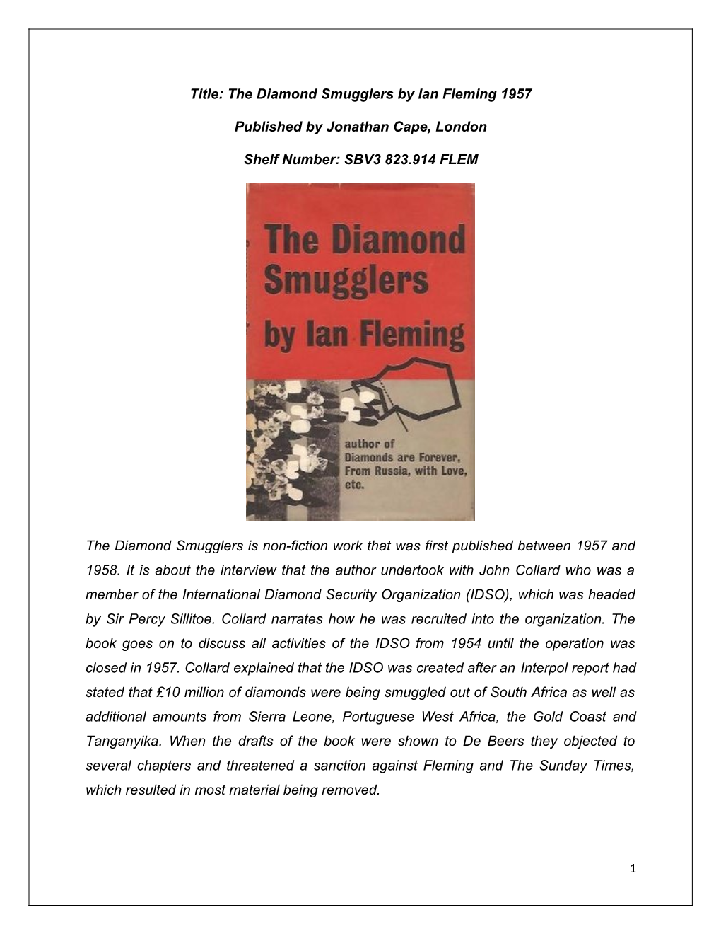 Title: the Diamond Smugglers by Ian Fleming 1957