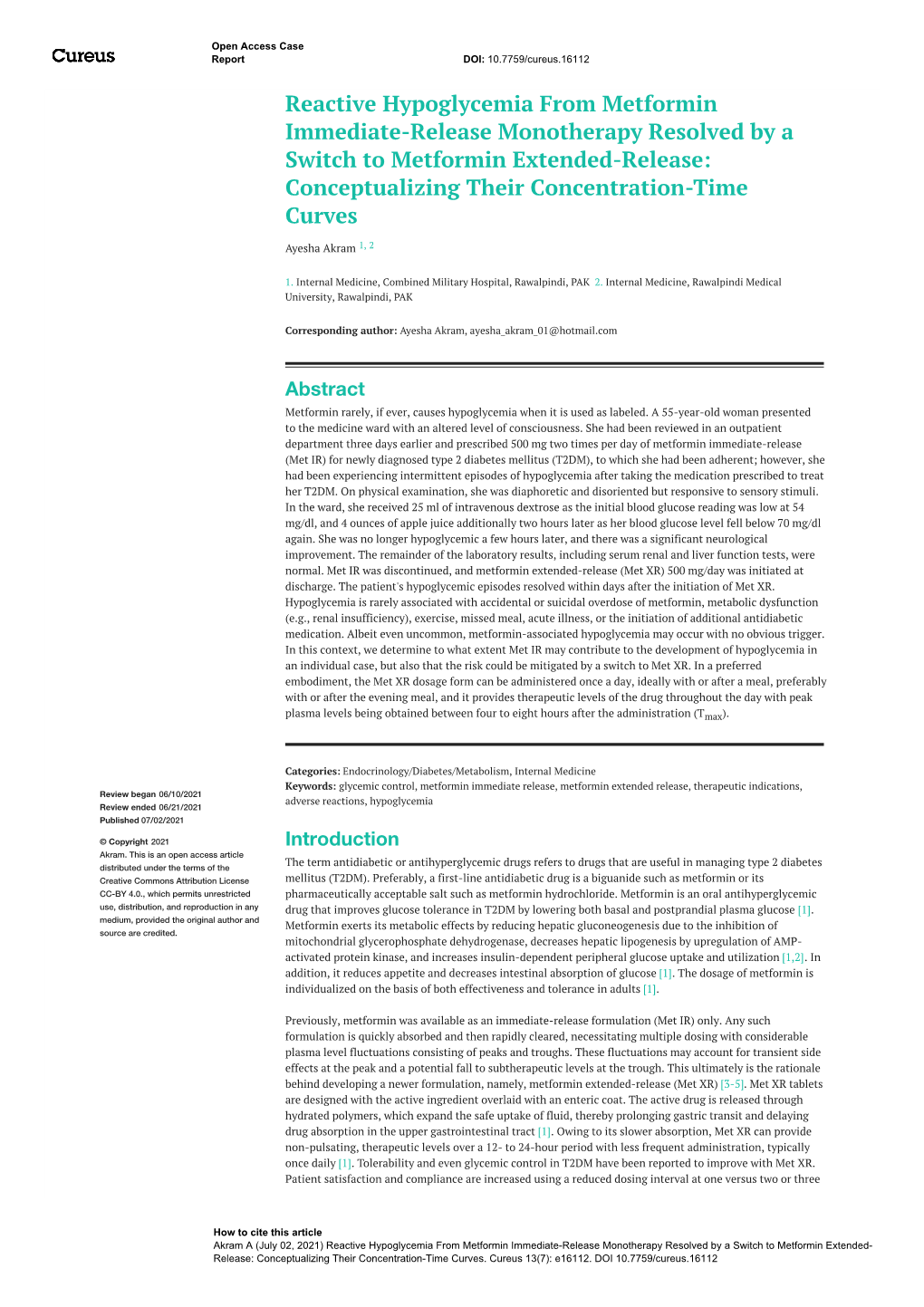 Reactive Hypoglycemia from Metformin Immediate-Release Monotherapy Resolved by a Switch to Metformin Extended-Release: Conceptualizing Their Concentration-Time Curves